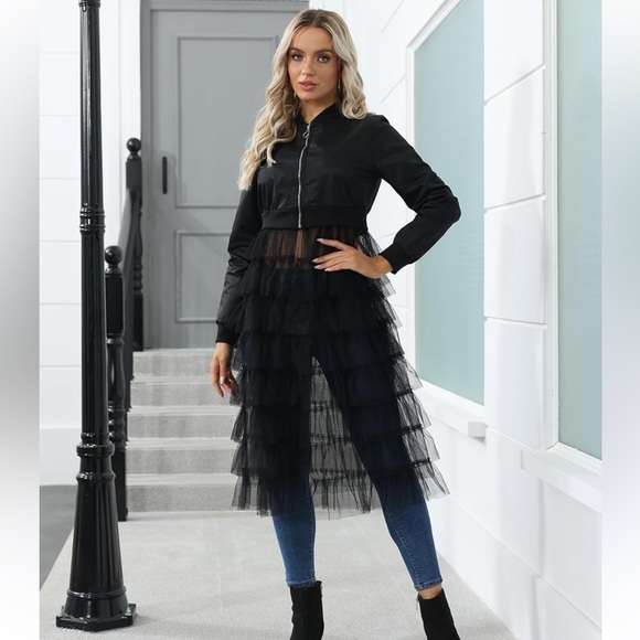 Dresses & Skirts - Zip up Long Bomber Jacket Tiered Mesh Black Tulle Layered Dress